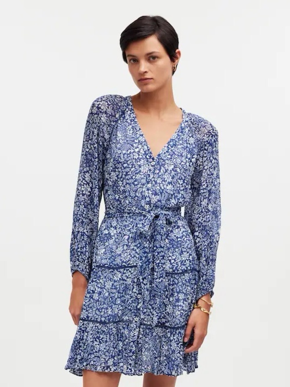 Madewell ‘Belted Tie-Waist Tiered Mini Dress’ in “Blue Ditsy Floral” Size 2